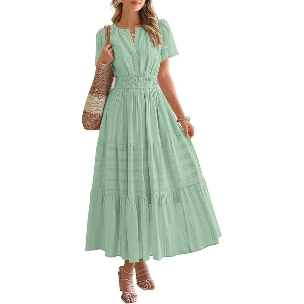 Women's Sage Green V Neck Short Sleeve A Line Summer Casual Maxi Dress Pockets